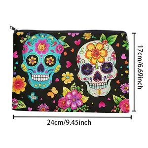 Colorful sugar skull print canvas zipper pouch, large capacity makeup and stationery storage bag.