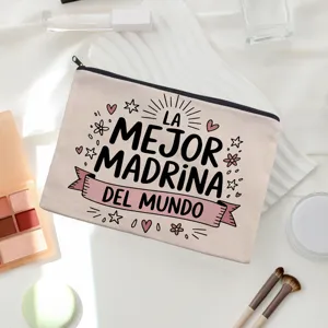 Canvas makeup pouch with Spanish best godmother print, cute cosmetic zipper bag for travel.