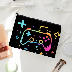 Detailed close-up view of black cosmetic pouch featuring colorful game controller graphic.
