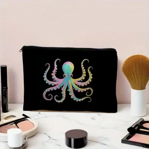 Detail view of the black canvas cosmetic bag featuring a colorful rainbow octopus print.