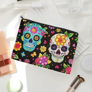 Close-up detail view of vibrant sugar skull floral pattern zipper cosmetic storage bag.