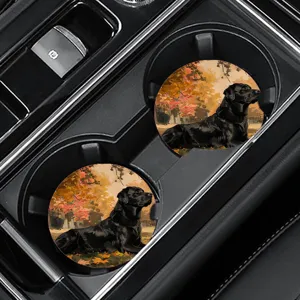 Round car cup coasters with black labrador autumn print, anti-slip and heat insulation.