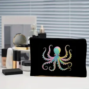Black canvas cosmetic bag with colorful octopus print, ideal for travel and daily storage.
