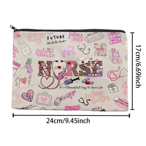 Portable canvas cosmetic bag nurse theme makeup pouch travel storage organizer pencil case for women