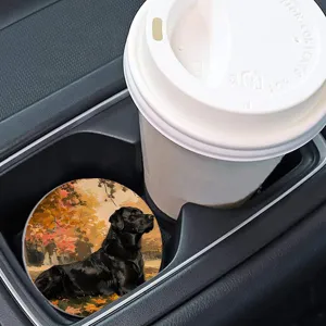 Car cup holder coaster detail showing the autumn black dog design, non-slip and heat resistant.