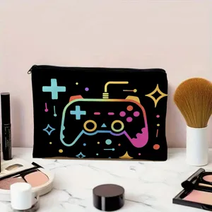 Black cosmetic bag with colorful game controller print, zipper pouch for makeup, travel and daily.