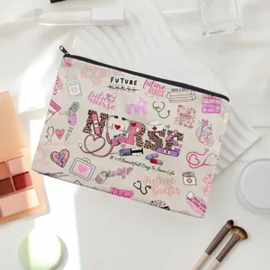 Canvas cosmetic pouch with cute nurse theme print, portable zipper makeup bag for daily use.