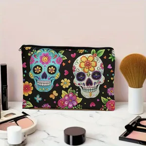 Sugar skull makeup bag large capacity canvas cosmetic pouch for women travel zipper bag