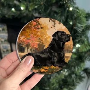 Detailed shot of a round car cup coaster featuring an autumn black dog art illustration.
