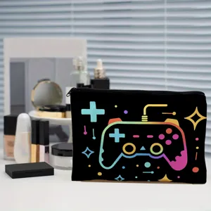 Black cosmetic bag with vibrant neon game controller pattern, ideal for travel and daily storage.