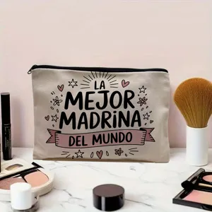 Detail view of the beige canvas cosmetic bag featuring black Spanish lettering design.