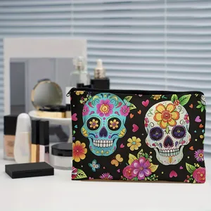 Large capacity printed zipper pouch with Mexican sugar skull floral design for daily storage.
