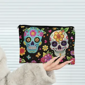 Colorful sugar skull print zipper makeup bag large capacity portable cosmetic pouch for women.