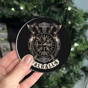 Round car cup coaster anti-slip insulation mat with Viking Valhalla design for vehicle and home.