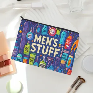 Men's grooming themed zipper cosmetic bag, portable travel storage pouch and canvas pencil case.