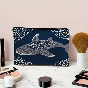 Whale shark print cosmetic bag zipper makeup pouch waterproof linen storage travel organizer