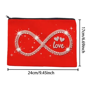 Red zipper makeup pouch with rhinestone infinity love design portable cosmetic storage bag