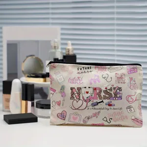 Canvas makeup bag detail view showing medical nurse print, ideal for cosmetic storage.