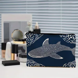 Whale shark print cosmetic bag, waterproof linen makeup pouch for daily storage and travel.