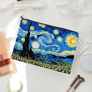 Van Gogh Starry Night print makeup bag, canvas travel cosmetic pouch, zipper pencil case.