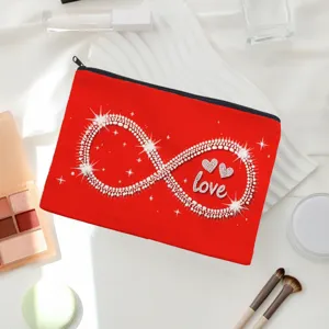 Red cosmetic zipper bag with rhinestone infinity love design, large storage for daily use.