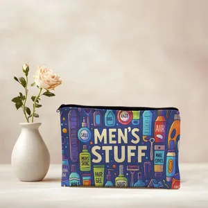 Canvas cosmetic pouch with cute men stuff print, portable zipper makeup organizer bag for travel.