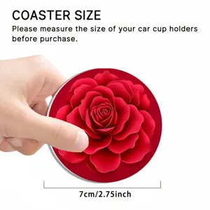 Round car cup coaster with red rose pattern, anti-slip and heat insulation for vehicle interior.