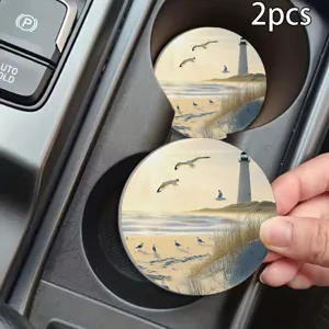 Sottobicchiere per auto rotondo con stampa faro da spiaggia, design antiscivolo per interni.