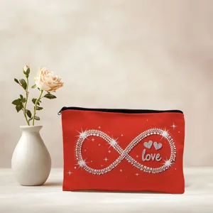 Red zipper cosmetic pouch featuring rhinestone infinity love print and storage bag