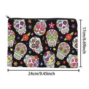 Halloween sugar skull cosmetic bag cotton linen zip pouch waterproof makeup organizer 24x17cm