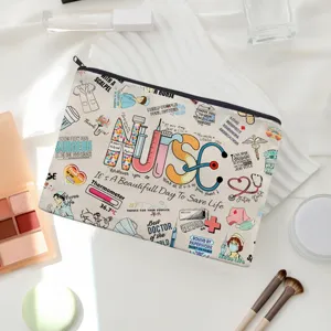 Canvas zipper cosmetic bag with cute nurse medical theme print, portable storage pouch.