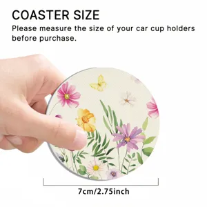 Detailed view of the round floral car coaster showing size 7cm and watercolor flower pattern.
