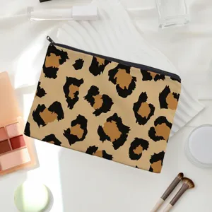 Detailed view of the stylish leopard print canvas cosmetic bag and portable storage pouch.