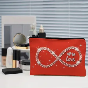 Red makeup bag detail, rhinestone infinity and love print, portable zipper cosmetic pouch.