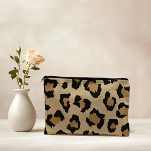 Canvas cosmetic bag with trendy leopard print design showing close detail for daily use