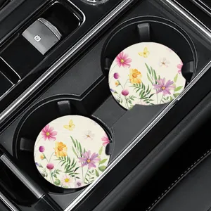 Round car cup coasters silicone non slip anti hot mat cute watercolor floral pattern interior decor