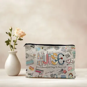 Canvas makeup pouch with nurse medical theme print, durable zipper cosmetic bag pencil case.