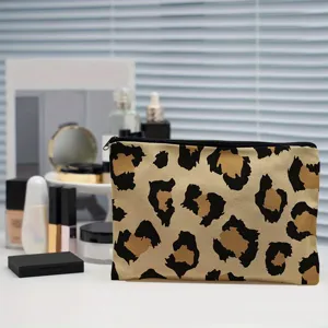 Leopard Print Canvas Pencil Case Portable Cosmetic Bag Student Stationery Storage Bag Gift