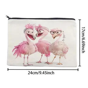 Canvas zipper cosmetic bag pencil case with cute pink flamingo print storage pouch
