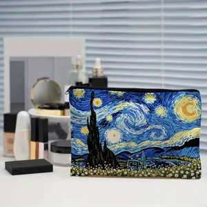 Starry night art print makeup pouch, detailed view of cosmetic zipper bag for travel use.