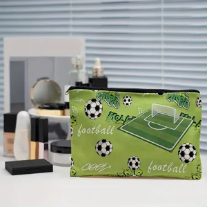 Πράσινη τσάντα καλλυντικών από καμβά με θέμα ποδόσφαιρο και φερμουάρ, θήκη μακιγιάζ.