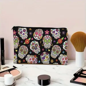 Halloween sugar skull makeup pouch waterproof linen cosmetic storage bag travel zipper purse