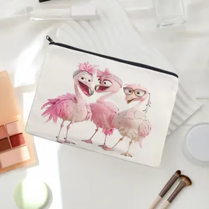 Cute cartoon flamingo print canvas zipper pouch makeup bag travel cosmetic organizer case