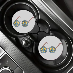 Car coasters set of 2 with retro peace sign glasses graphic durable silicone cup mats holder