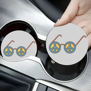 Silicone car cup coaster anti-slip mat with retro peace sign glasses graphic for auto decor.