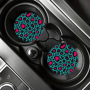 Cute heart leopard print silicone car cup holder coasters absorbent auto mat 2pcs