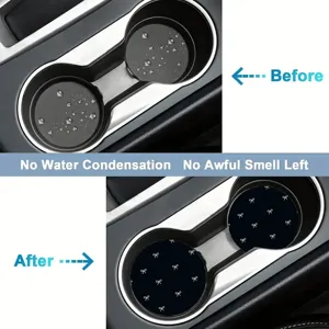 Black silicone car cup holder coaster with cute white bow pattern, absorbent and anti-slip.