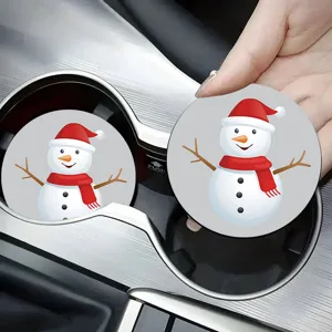 Cute cartoon snowman car cup coaster, anti-slip automotive interior drink holder pad.