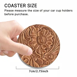 Car coaster detail showing embossed floral pattern, 7cm diameter size, anti-slip design.