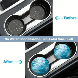 Detailed view of car cup holder absorbent anti-slip mat before and after use effect.